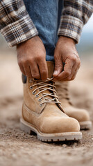 Lumberjack tying shoelaces on heavy duty boots in outdoor setting for work preparation