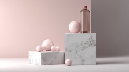 Pink glass cosmetic bottle with marble blocks on pastel background for skincare branding product advertising beauty visuals and elegant display presentation