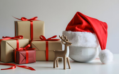 Christmas still life with wrapped presents, a Santa hat, and a reindeer figurine on a white background.