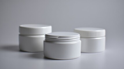 Three white cosmetic cream containers on smooth background for minimalist skincare branding or beauty product packaging mockup scene