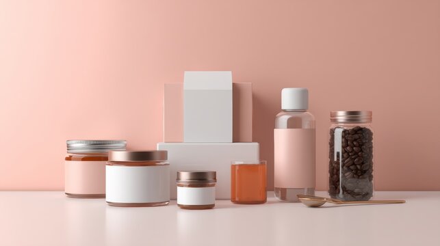 Pink and white cosmetic containers with wellness supplements for skincare product presentation or health branding design visuals