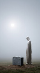 Mysterious apparition in foggy cemetery at dawn