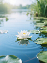 A white water lily floats on a calm pond, surrounded by green lily pads, creating a serene natural scene.
