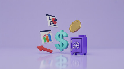 3D illustration of financial and business icons representing investment, savings, and economic growth.