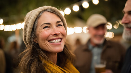 Neighbors enjoying a joyful evening hanging string lights outdoors