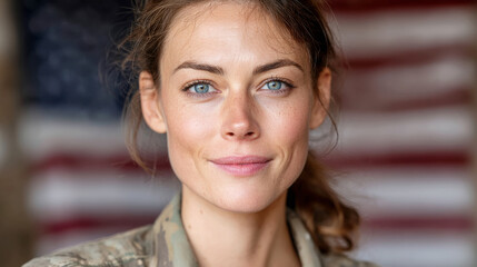 Proud female veteran smiling in military uniform with american flag background
