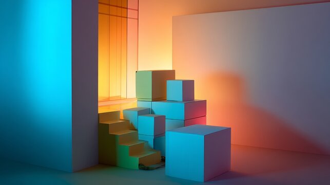 Colorful cube blocks in sunset lighting for modern abstract display design concept or creative branding background presentation visuals