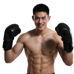 A young muscular man in black boxing gloves displays his well-defined physique, emphasizing fitness and strength.