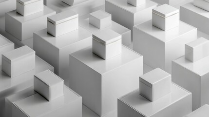Fototapeta premium Monochrome geometric abstract background with white 3D cubes for architecture, design mockup, technology or minimalist branding visuals