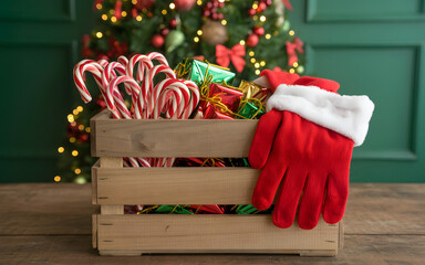 A wooden crate filled with Christmas candy canes, small gifts, and Santa gloves with a decorated tree in the background.