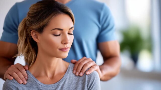 A serene woman receives a gentle shoulder massage from a supportive partner, highlighting relaxation and care. The tranquil indoor setting emphasizes wellness, mindfulness, and emotional support