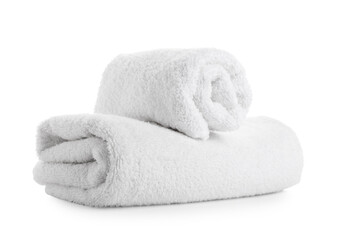 Clean soft rolled towels isolated on white background, closeup