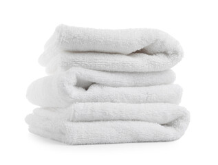 Stack of clean soft towels isolated on white background, closeup