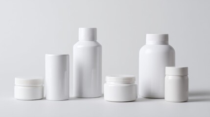 White plastic cosmetic bottles arranged on light background for skincare packaging, pharmaceutical branding or health product presentation design