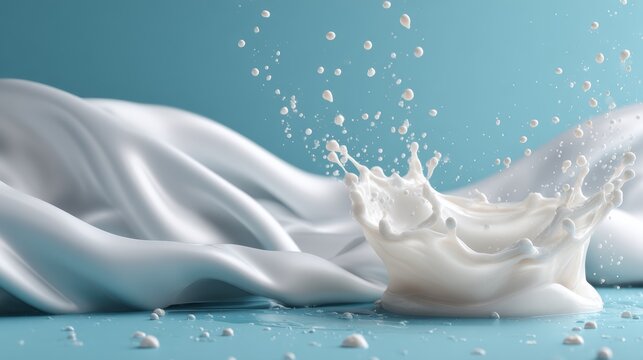 Milk splash with soft white fabric waves for food advertising visuals dairy product branding composition and surreal minimalist photography setup design concept