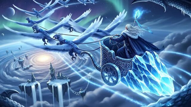 Magical winter scene with a mystical chariot pulled by majestic birds soaring through the night sky