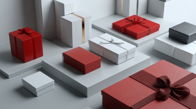 Red and gray wrapped gift boxes on geometric layout for packaging branding holiday advertising visuals and festive composition design concept display scene