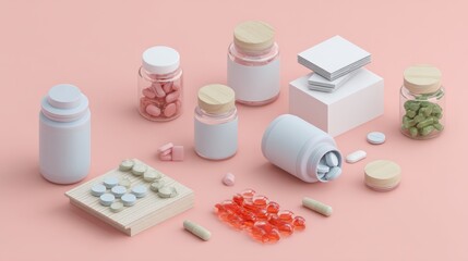 Medical supplements, tablets and capsules scattered on soft background for healthcare product branding or pharmaceutical visual design presentation