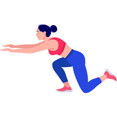 Fit Woman Performing a Dynamic Lunge Exercise in Athletic Wear with Blue Pants and Red Sports Top Illustration Isolated on White Background
