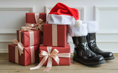 A Santa Claus hat and boots sit next to a pile of wrapped Christmas presents on a wooden floor.