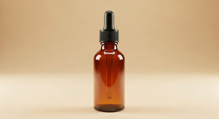 Empty amber glass bottle with dropper, isolated on beige background, skincare mockup