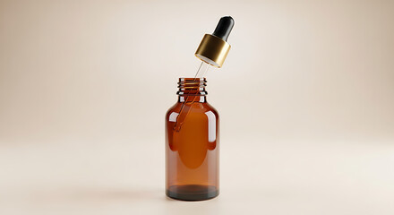 Empty amber glass bottle with dropper, isolated on beige background, skincare mockup