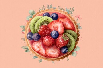 watercolor illustration of fruit tart with strawberries, kiwi and blueberries, pastel peach background, minimal elegant art