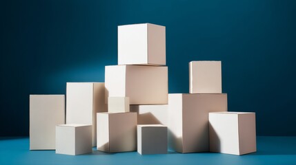 Obraz premium Abstract cardboard boxes stacked on blue floor for logistics, packaging design, shipping concept or ecommerce presentation product visuals