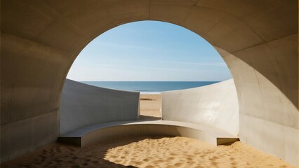 An arched concrete structure with sand inside, offering a view of the beach and ocean under clear sky.