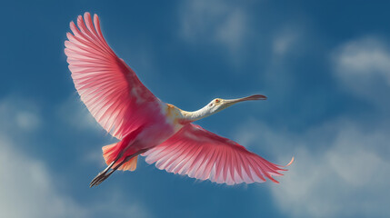 Roseate spoonbill in flight under blue skies