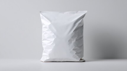 White food pouch bag on minimal surface for clean packaging design, snack branding or sustainable product mockup presentation template