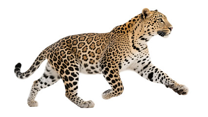 A leopard in full stride, displaying its characteristic spotted fur and powerful physical build.