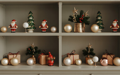 Festive Christmas decorations with Santa figurines, miniature trees, and golden baubles neatly arranged on shelves.