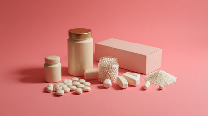 Natural medicine supplements and pills displayed on pink background for wellness branding, pharmacy visuals or organic healthcare product presentation