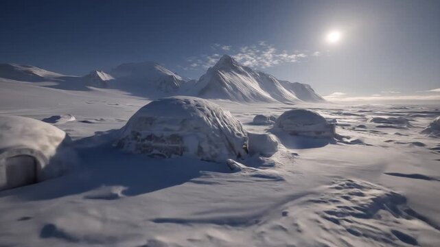Snowy landscape featuring igloos and mountain range under bright sunlight