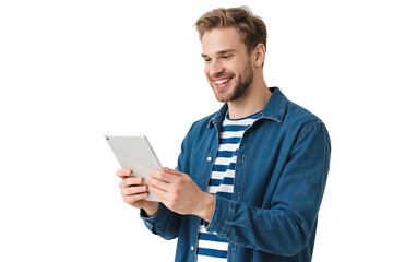 A man with a smile is using a tablet, engaged in leisurely activities with modern technology.