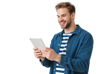 A man with a smile is using a tablet, engaged in leisurely activities with modern technology.