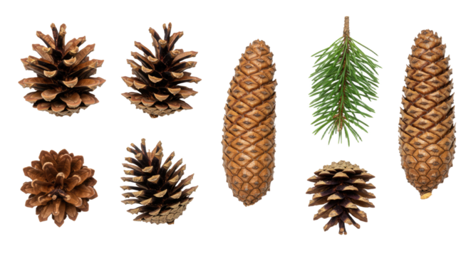 Collection of Pine Cones and Evergreen Branch on White Background.