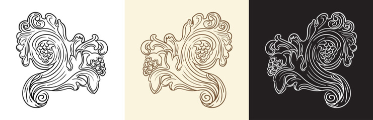 Engraving monogram and design element three colors vector