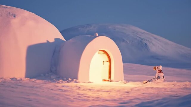 Snowy igloo structure illuminated at sunset in cold environment