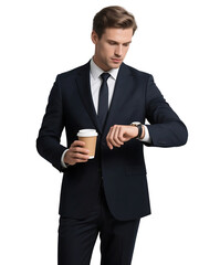 A professional man in a suit is checking his watch while holding a coffee cup, dressed formally for work.