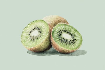 watercolor illustration of sliced kiwi with seeds detail, pastel mint background, minimal fruit poster