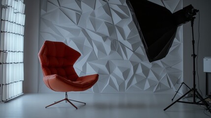 Photography studio with modern red chair and lighting setup for commercial product photoshoot and creative branding scene background composition design