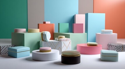 Geometric product composition with colorful pastel boxes and round props for creative branding photography and commercial visual scene presentation setup