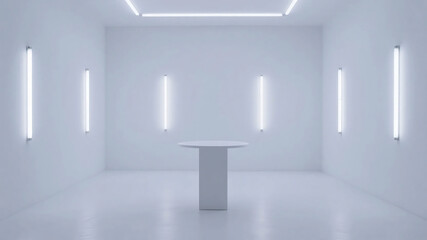 A minimalist white room with a round table and linear lights, featuring a clean and modern interior design.