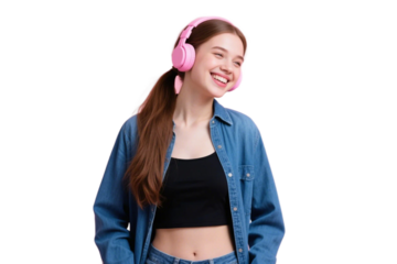 A young woman with pink headphones on, wearing a denim shirt and black top, smiling happily in a relaxed manner.