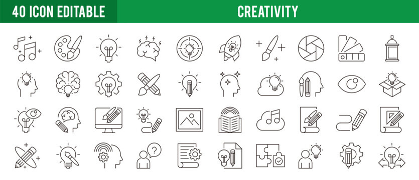 Collection of creativity icons. Drawing, music, art, imagination, ideas. Vector design template EPS 10.