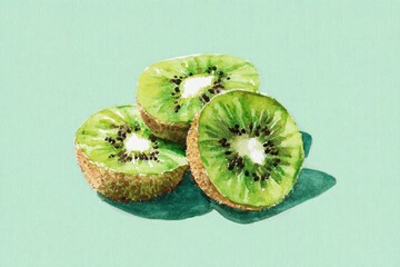 watercolor illustration of sliced kiwi with seeds detail, pastel mint background, minimal fruit poster