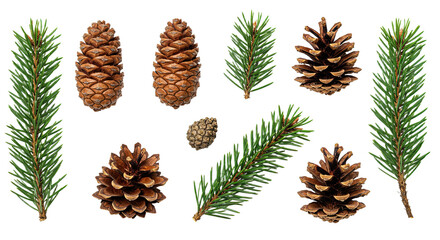 Collection of Pine Cones and Evergreen Branches.