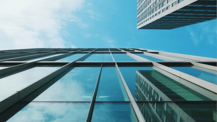 A view of modern skyscrapers with reflective glass surfaces against a clear blue sky, showcasing urban architecture.